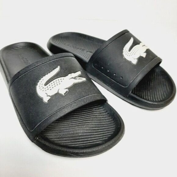 LACOSTE Croco Slide Sandals Lage Logo Black B&W Sz 6 - Picture 4 of 11